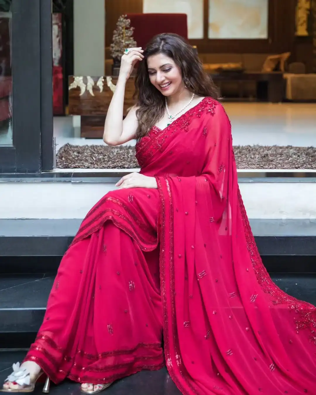 Bhagyashree Images in Red Colour Saree